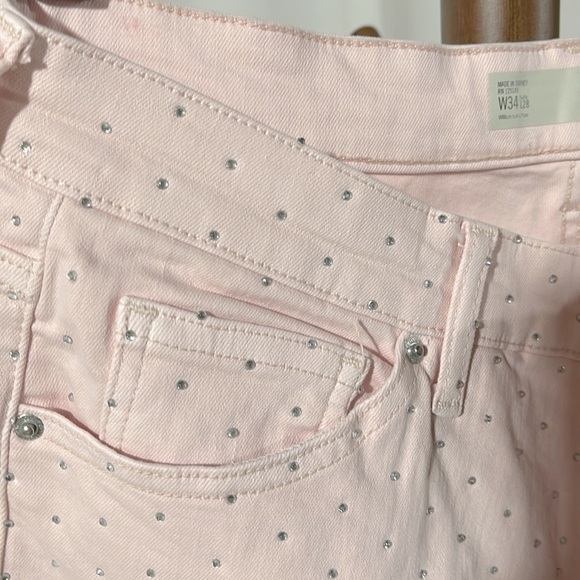 TOPSHOP PETITE ROCKABILLY PINK RHINESTONED ANKLE GRAZER JEANS 34/28 NEW - Picture 4 of 8